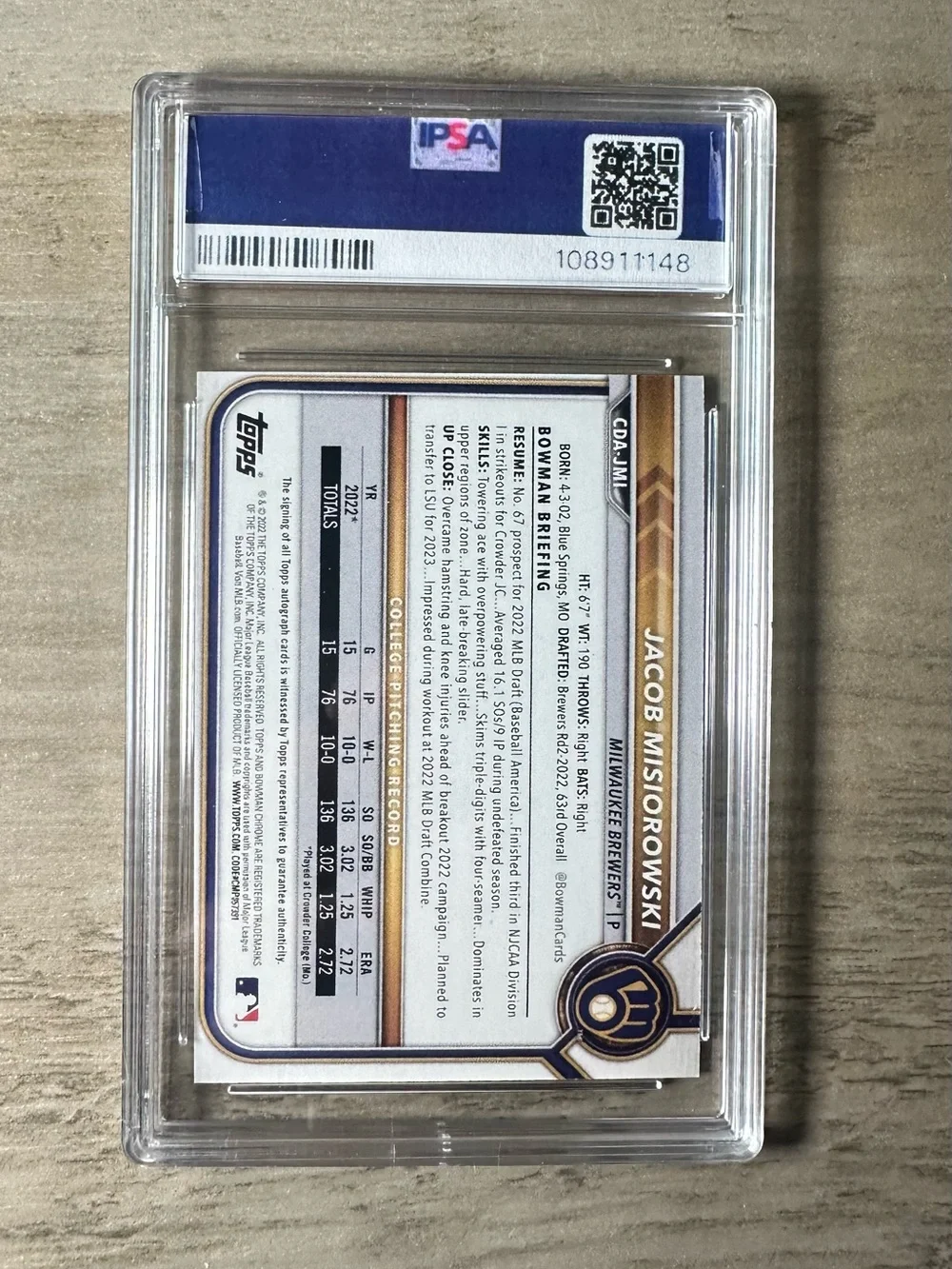 Jacob Misiorowski Signed 2022 Bowmans 1st 24/50 Gem Mint 10 Novelty Rookie Card.